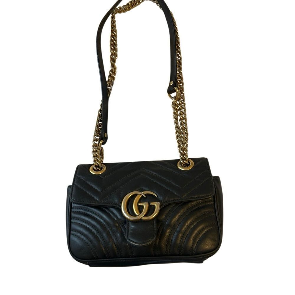 Gucci Black Chevron Marmont Bag with Gold Accents - Picture 2 of 15